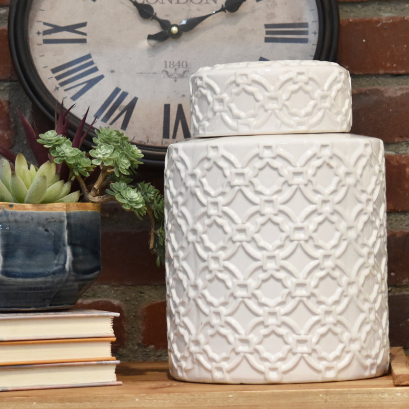 Urban Trends Ceramic Jar with Lid and Patterned Design Gloss White